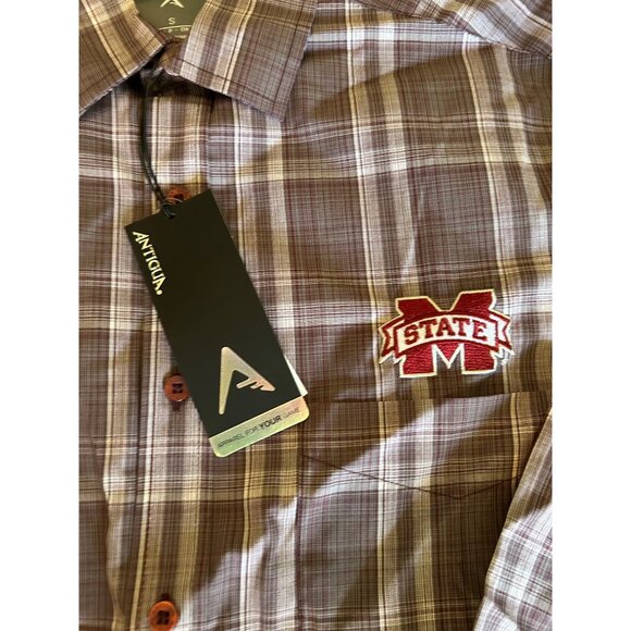 Antigua Mens MSU universities Long Sleeve Plaid Button-Up Shirt S purple gray - Picture 2 of 4